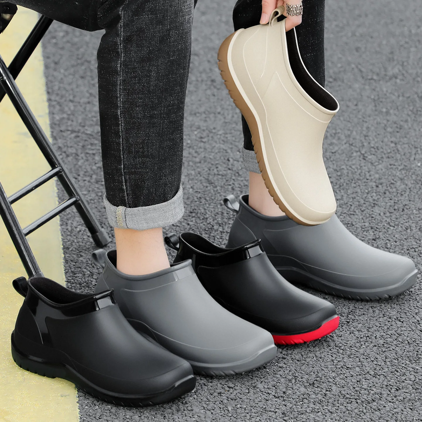 

German style anti slip rain shoes, men's short tube waterproof shoes, women's low top rain boots, kitchen rubber shoes, shoe cov