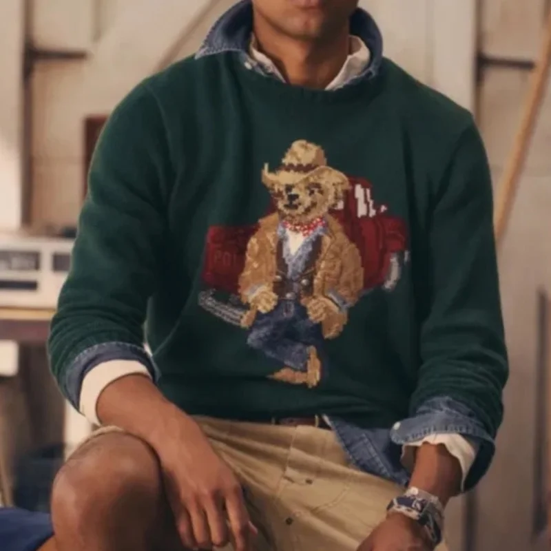 

Loose Fit Pure Cotton Knitted Sweater round Ne Bear Cartoon Casual Autumn Winter Women's Faion Comfortable Knitwear