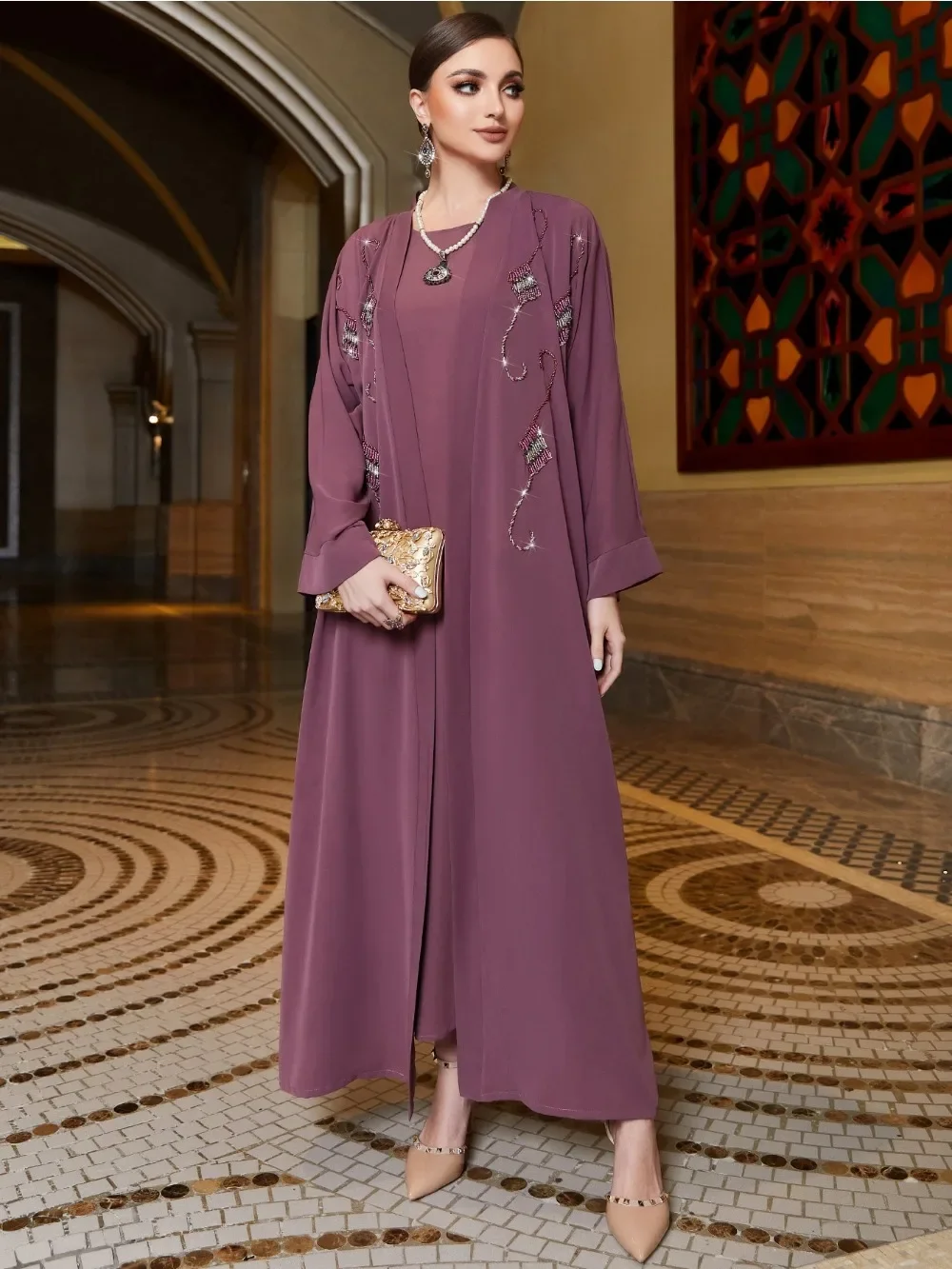 Autumn Muslim Party Dress for Women Abaya 2 Piece Set Diamond Jalabiya Ramadan Long Dresses Woman Lace-up Vestidos Robe 2023