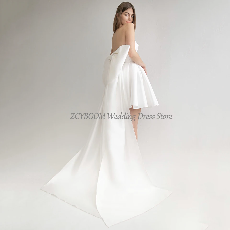 Charming Backless Strapless Bow Sleeveless Wedding Party Dress 2024 A-Line Floor Length Knee Length Custom Made Bridal Gown