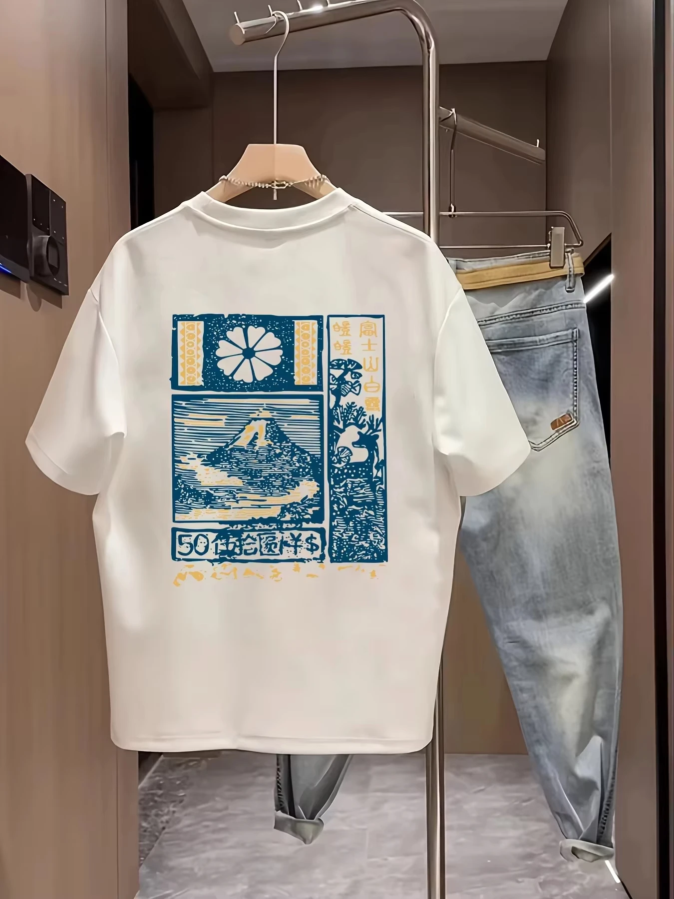 Camiseta de Manga Corta Casual de Algodón para Hombre, Estilo Verano 2026, con Estampado de Flores de Cerezo