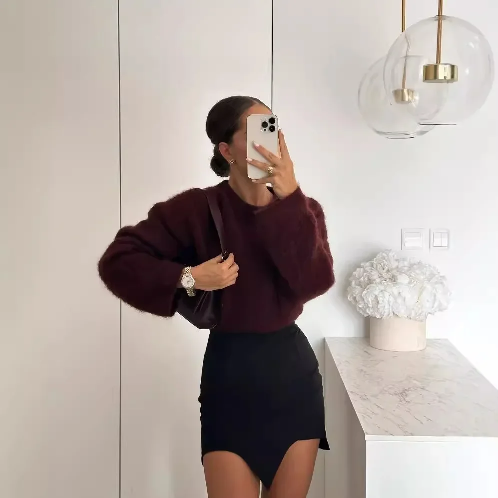 2024 Autumn/Winter New Women's Fashion Casual Fashion Simple Dark Wine Red Long Sleeve Pulled Hair Round Neck Pullover Sweater