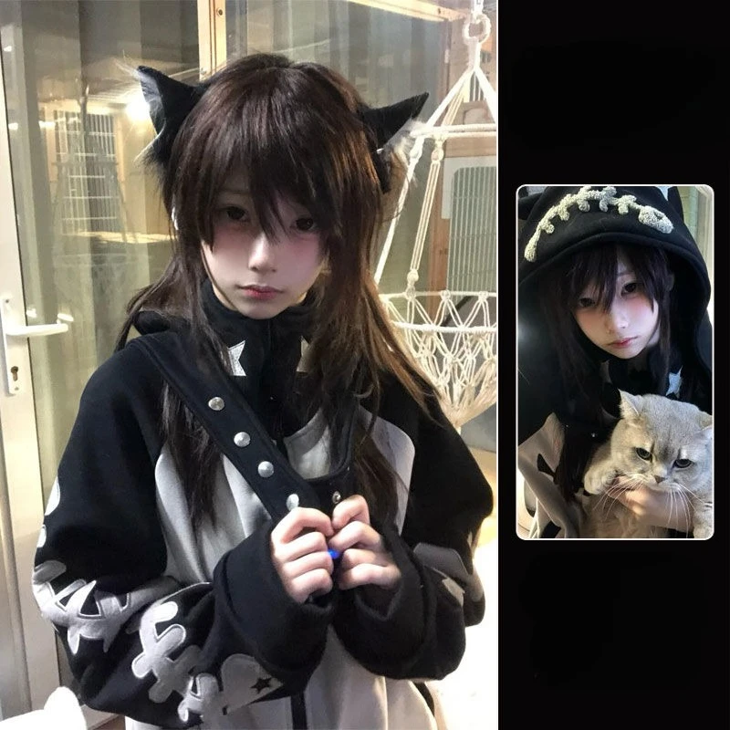 Subculture Y2k Vintage Outwear Casual Zipper Cute Long Sleeve 2 Piece Set Cat Hat Kawaill Fish Bone Pattern Loose Coat Autumn
