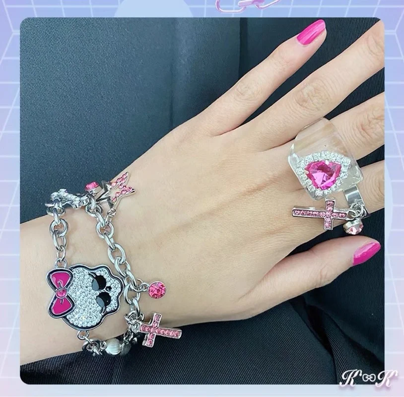 Y2K اكسسوارات الوردي Bowknot حجر الراين الجمجمة سوار للنساء موضة القوطية العظام سلسلة سميكة سوار Charm Harajuku مجوهرات