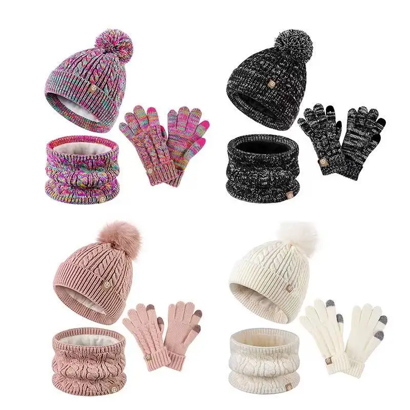 Winter Middle and Large Children's Knitted Wool Ball Hat Scarf Gloves Three-piece Children's Padded Warm Hat Combo Suit 2026 New