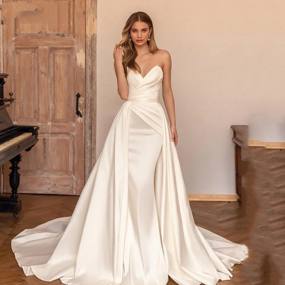 Elegant Satin Long Mermaid Wedding Dress 2025 with Detachable Train Simple Strapless Bridal Gown Vestidos De Novia Customized