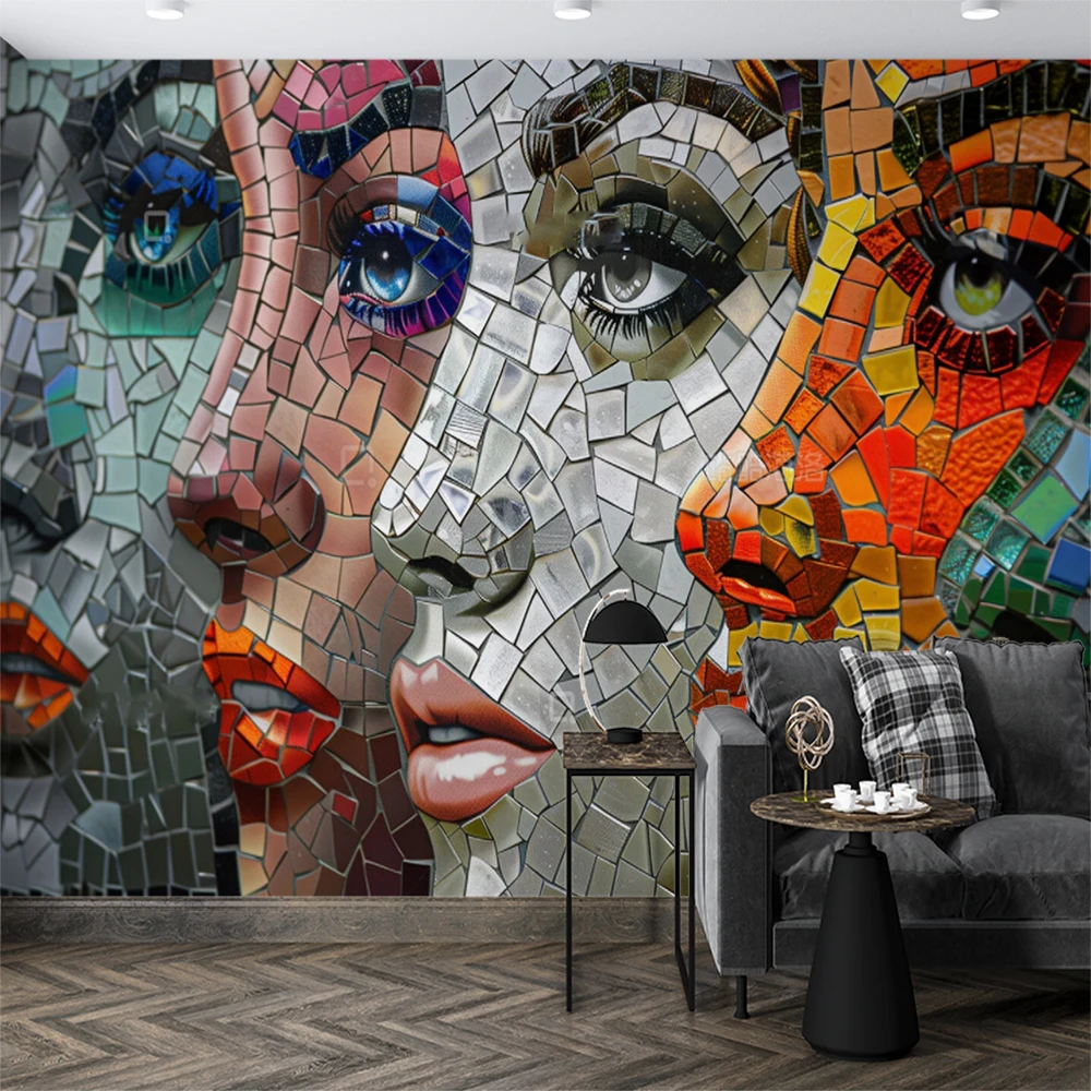 

Milofi custom wallpaper, mural, colorful blocks, composed of beautiful women's facial illustrations, living room home decoration