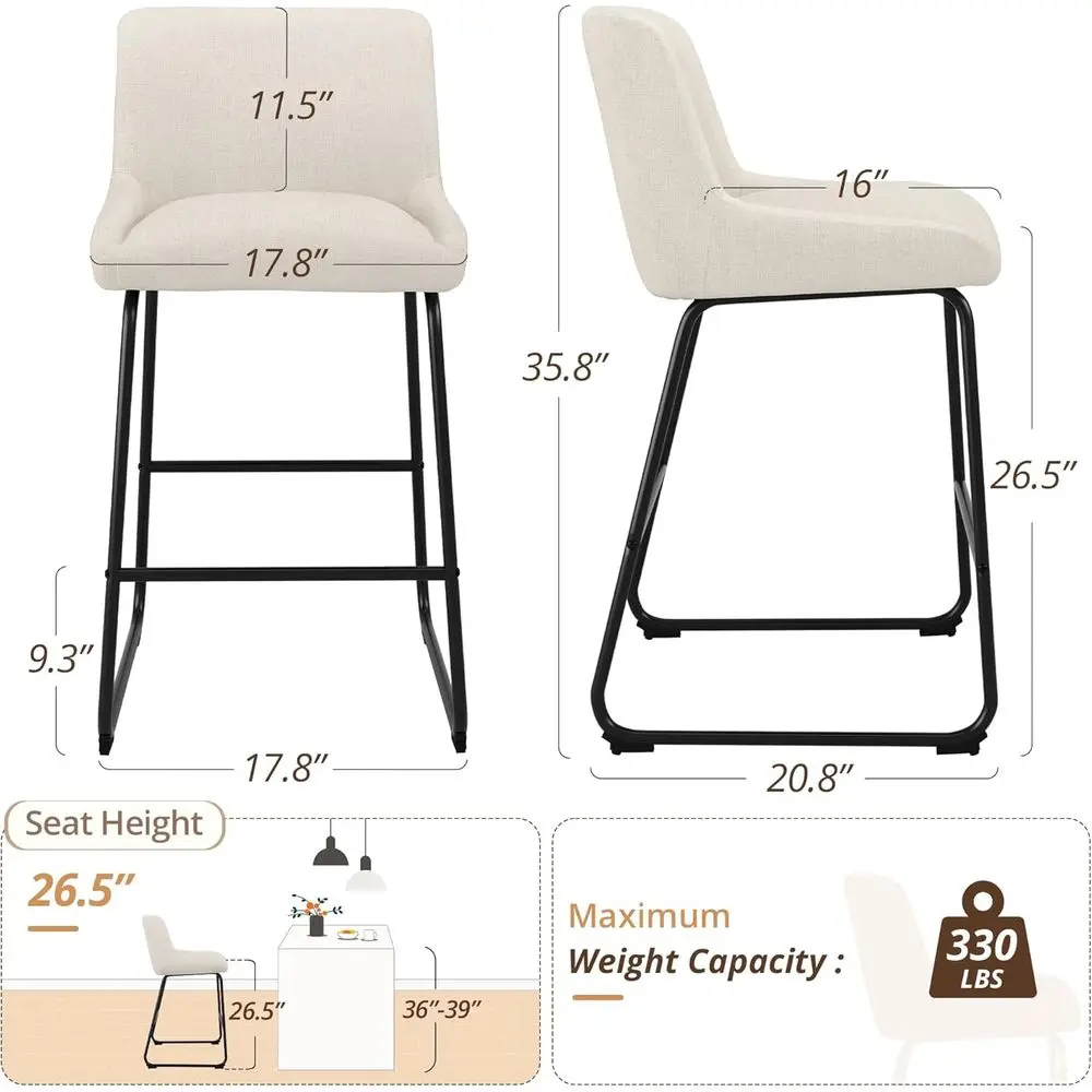 26 Inch Counter Height Bar Stools Set o 3, Linen Upholstered Barstools, Barstool with Back, Comortable Bar Chairs, ern Counter S
