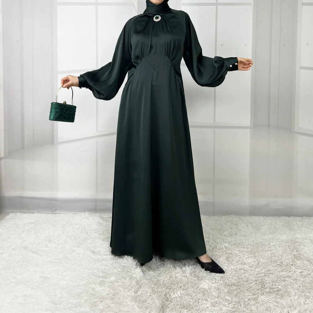 

Ramadan Muslim Women's New Luxury Fashion A-line Dress Robe Long Dress Women's Lantern Sleeve Diamond Satin Ethnic Clothing