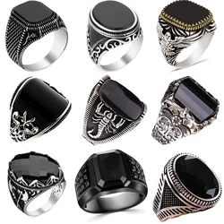 New Black Gemstone Inlaid Men's Ring Türkiye Retro Domineering Personality Ring Attends Banquet High-quality Crystal Jewelry