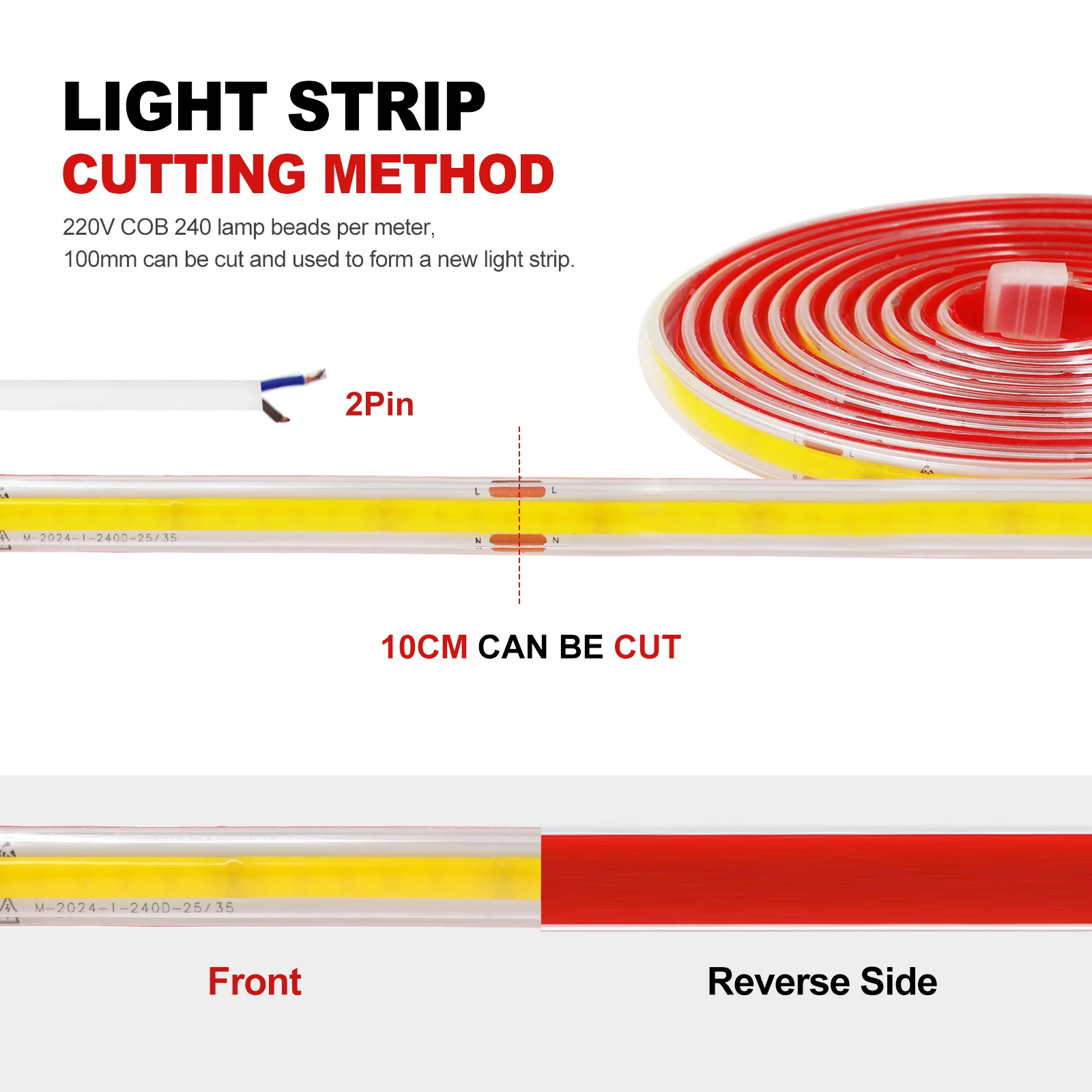 IP65 Waterproof COB Strip 220V 240Leds RA90 Flexible Ribbon Rope LED Light 3000K 4000K 6000K Self-Adhesive Tape Kitchen Lighting