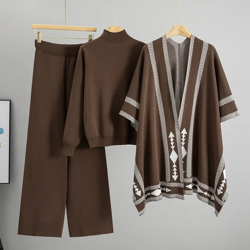Greenora Women Business Casual Old Money Quiet Luxury Cape Poncho Knit Sweater Wide Leg Pants Three Piece Set Middle East
