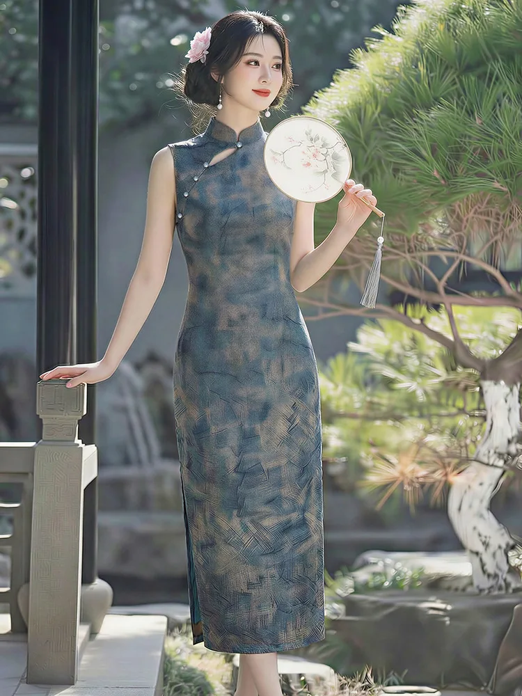 

Suzhou Chinese Style Daily Sleeveless Long Cheongsam Improved for Young Women's Summer Qipao