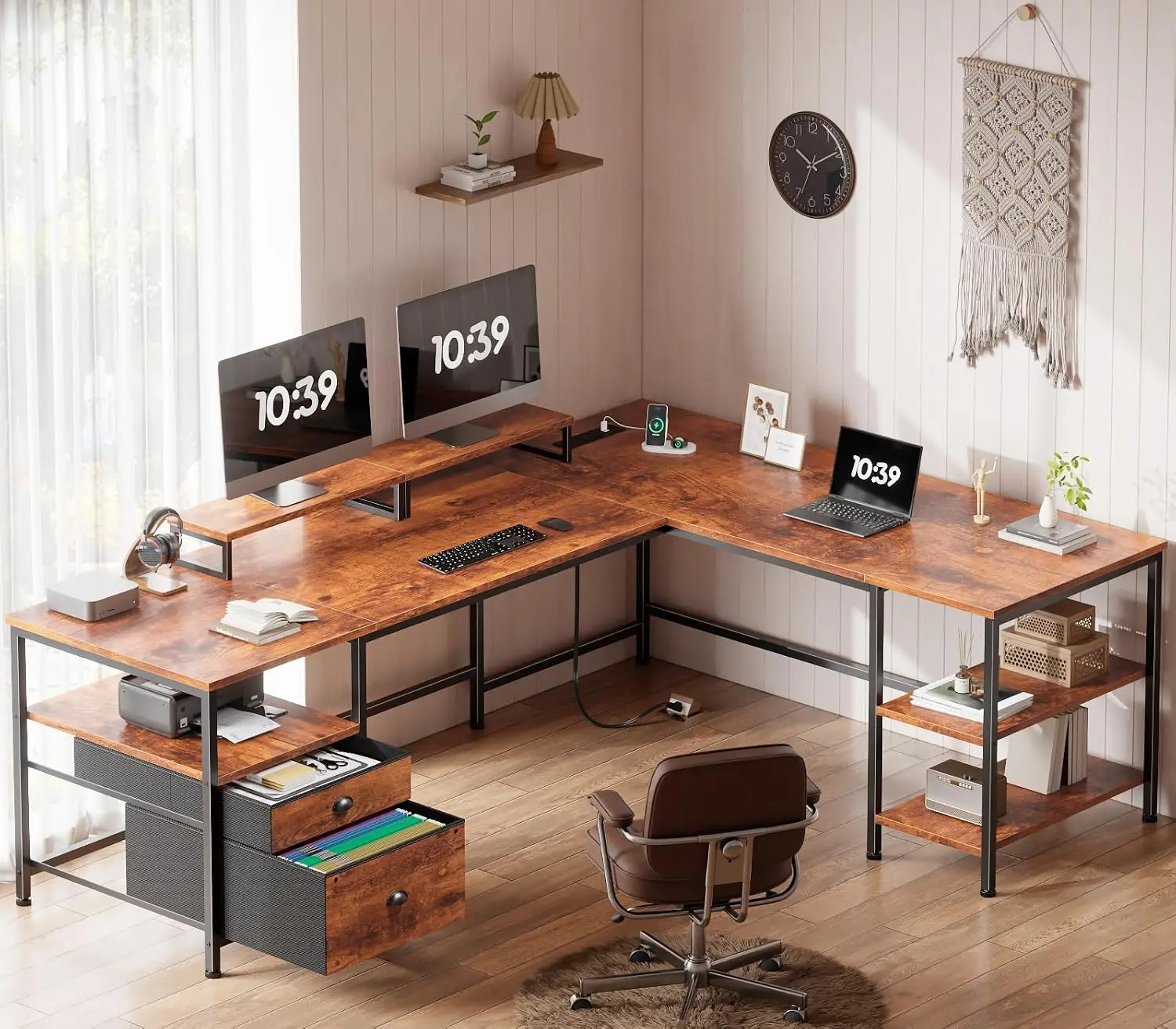 66” L Shaped Desk with Power Outlet, Reversible Home Office Desk with File Drawer, 2 Monitor Stands, Storage, Customized