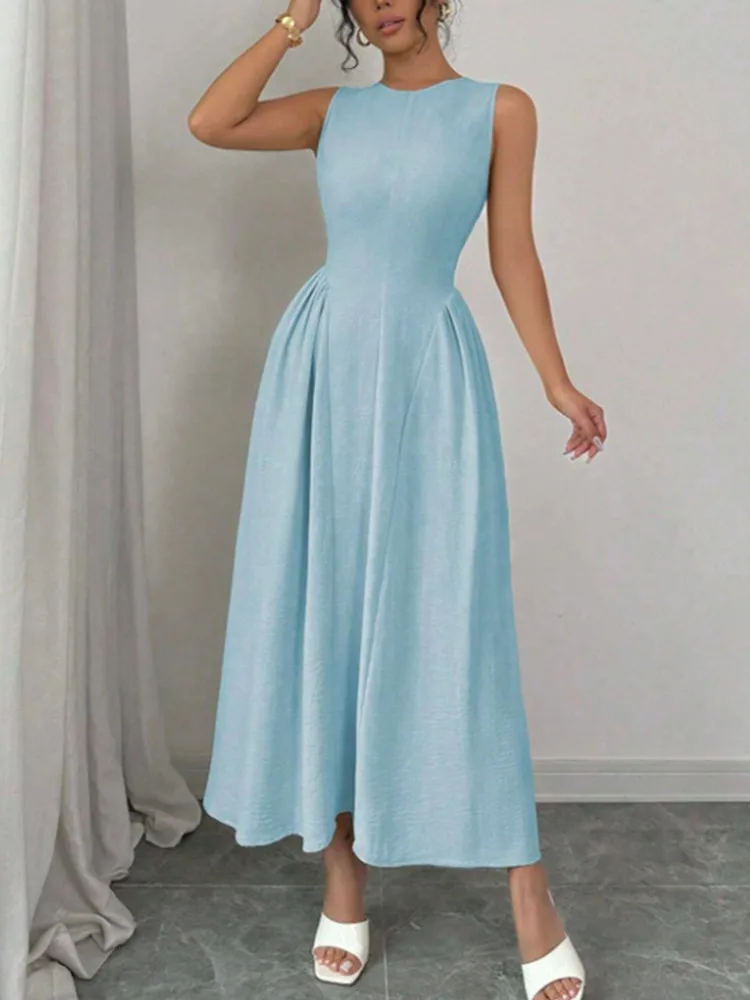 

SKMY Women's Clothing Sleeveless Spring And Summer Slimming High Waist Dress Solid Color 2026 New Round Neck Long Dresses