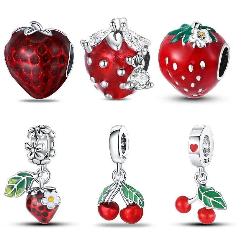 

New 925 Silver Strawberry Cherry Fruit Series Charms Beads Fit Pandora 925 Original Bracelets DIY Birthday Jewelry Gifts