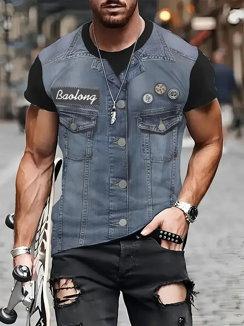 Fake Vest Jacket Pattern Print T Shirts For Men 3D Novelty Summer Hip Hop Trend Top Fashion Oversized Cool Street Men's Clothing
