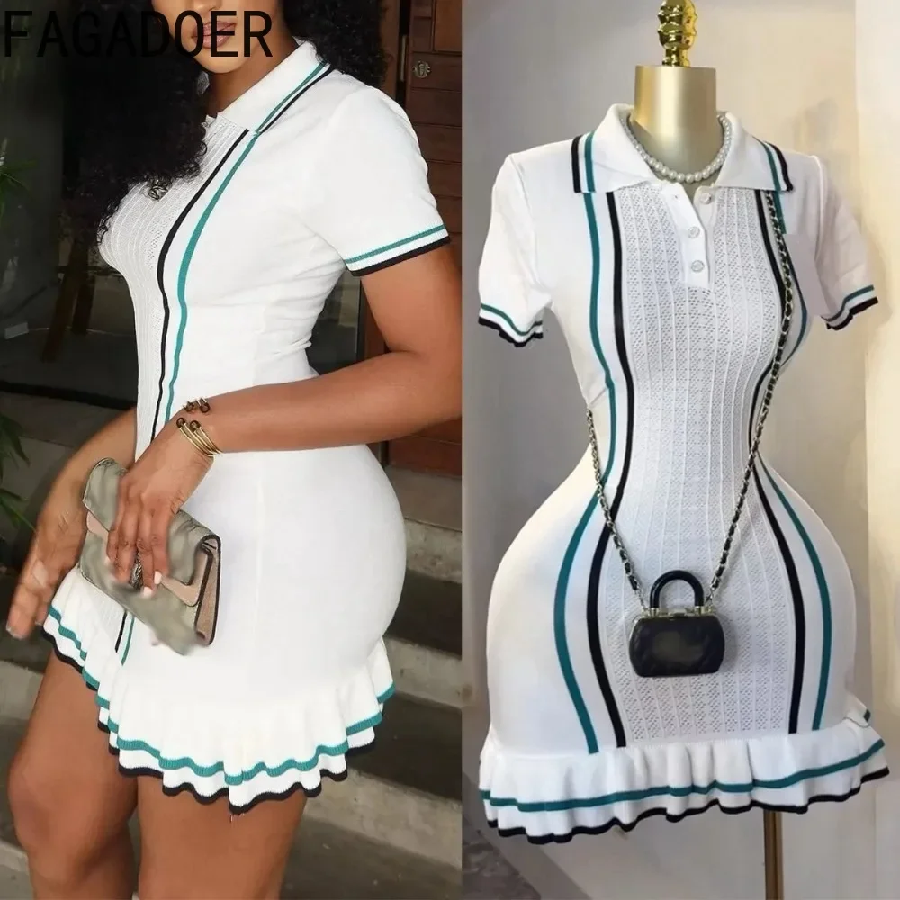 

FAGADOER Casual Knit Mini Dress Women Fashion White Buttons Stripe Ruffle Patchwork Bodycon Dresses Female Vestidos 2025 New