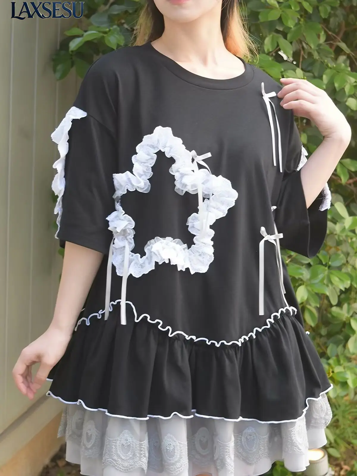 Summer Ladies Tops Sweet Casual T-shirt Femme Star Pattern Lace Crew Neck Loose Tees Japanese Style Simple Women's T-shirts