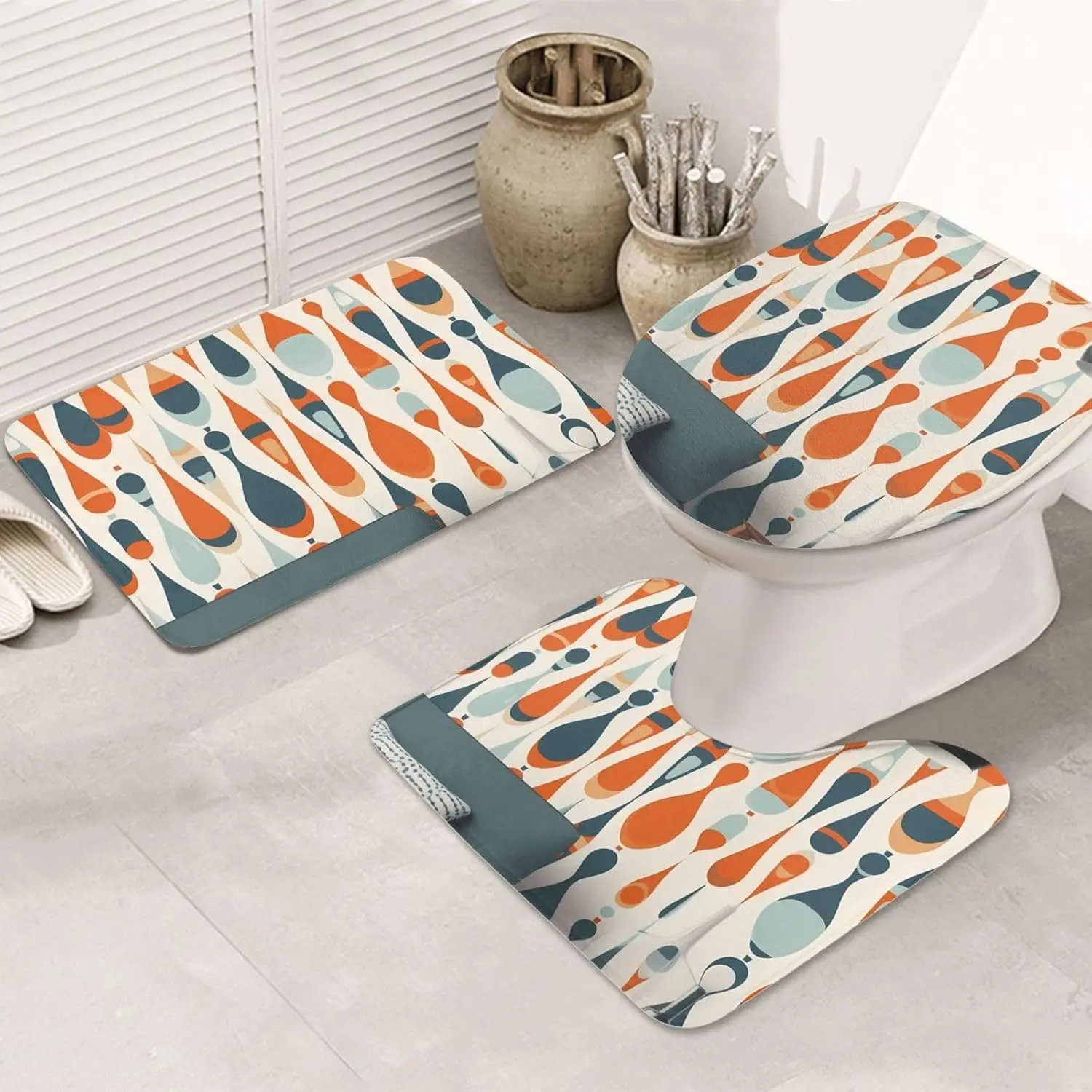 Retro with Drop Shapes Bathroom Rugs Sets 3 Piece, Non Slip Absorbent Bath Rug U-Shaped Contour Toilet Rug with Toilet Cover