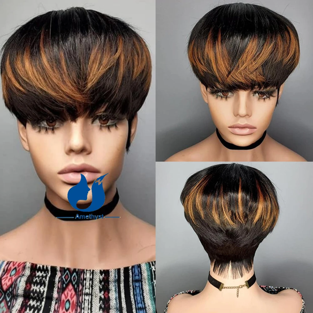 Rambut manusia potongan pendek Pixie dengan sorot poni Wig depan Ombre 30 kulit kepala pirang atas lurus pendek Wig sutra dasar tidak ada renda Wig f