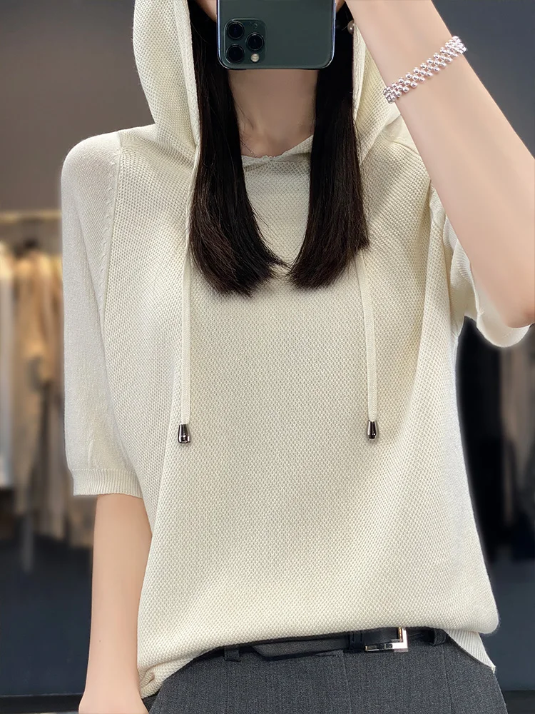 Women Tees Hooded Pullover Short Sleeved Ice Silk Top Breathability Comfort Thin Style Spring Summer Leisure Style Slimming Down