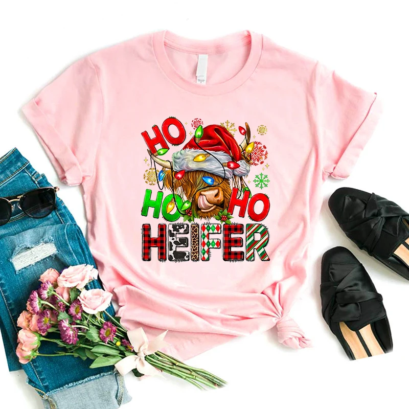 Funny Xmas Gift Tshirt Women 2024 Hot Sale Happy Christams Cow Graphic Printed T Shirt Girls Harajuku Kawaii Pink T-Shirt Female