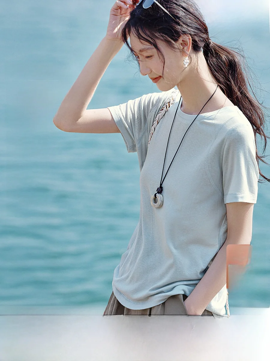 

XWI Blue Rayon Linen Women's T-shirt Breathable Summer Cool Versatile Loose Fit round Neck Short Sleeve Casual Top