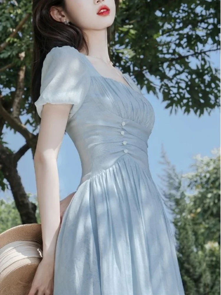 Blue Fairycore Dress Women Sweet Thin Defined Midi Romantic Summer Chic French Style Square Collar Gentle New Arrival OOTD