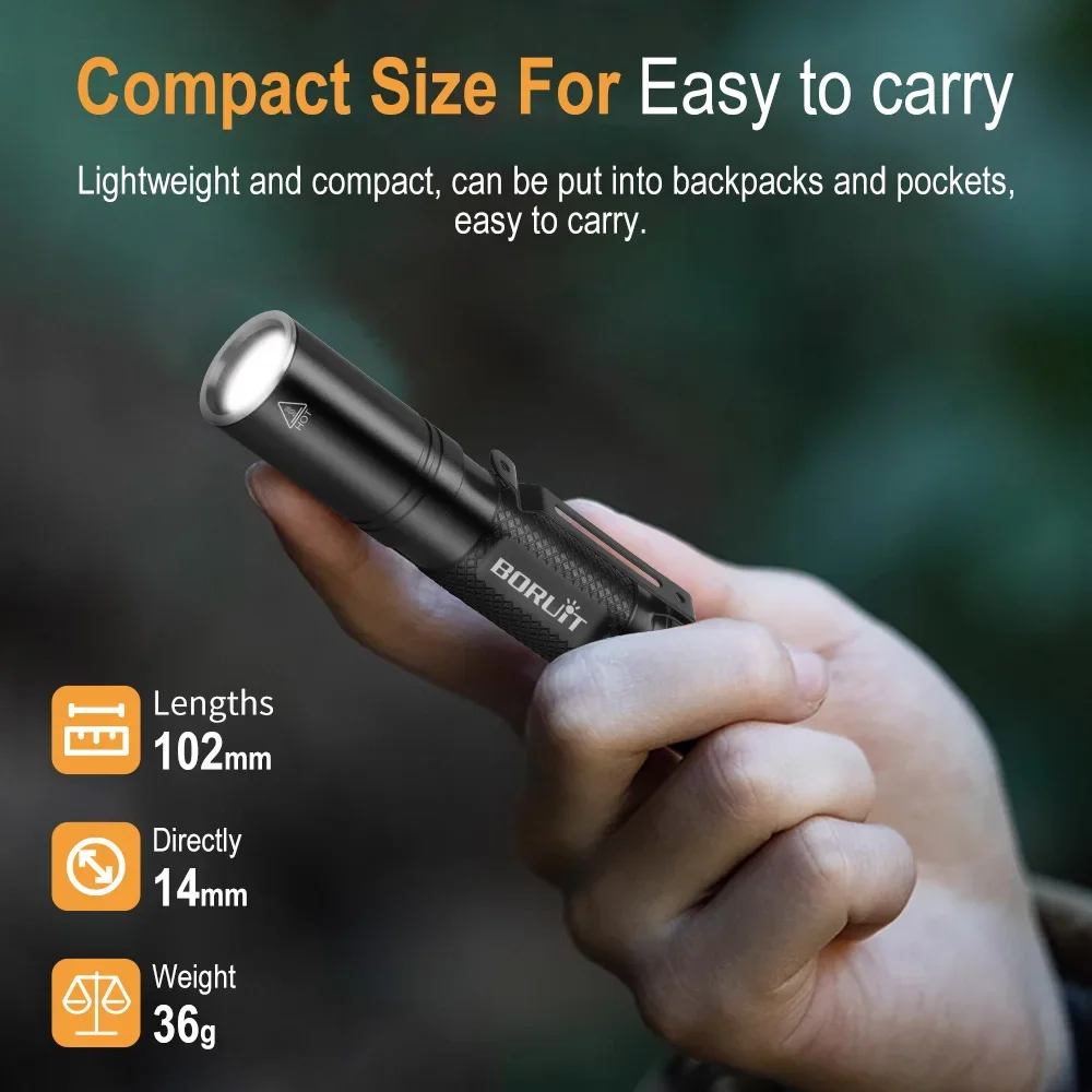 BORUiT RJ13 Small EDC Flashlight 500LM Powerful Pocket Torch Type C USB Charging IP66 Waterproof Outdoor Camping Lighting Lamp