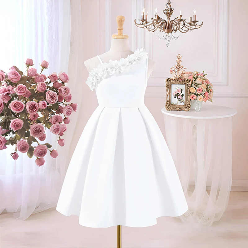 Spring And Summer Women's And Children's Casual Elegant Single Shoulder Suspender Three-Dimensional Flower Fluffy Dress