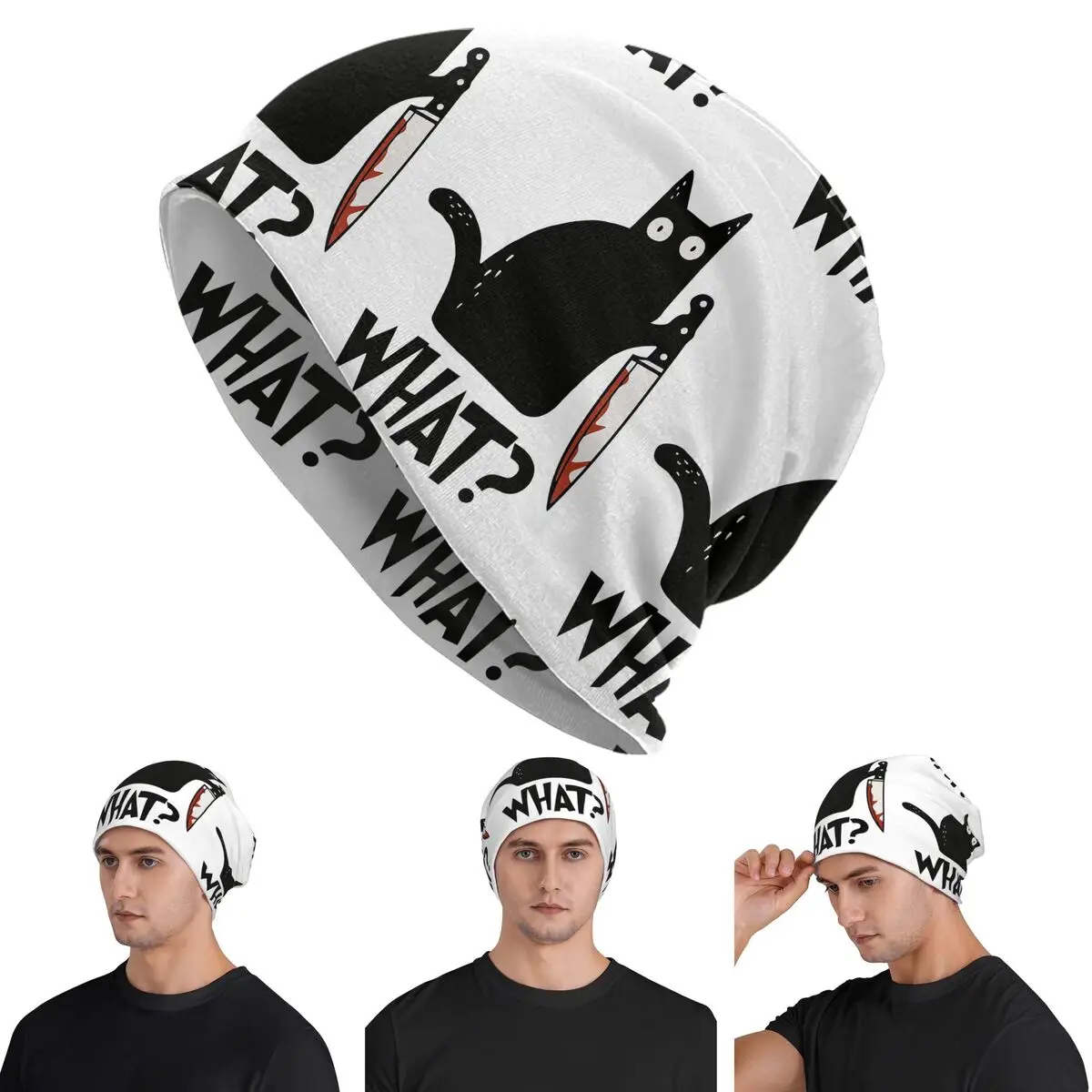 Cat What Murderous Black Cat With Knife Warm Knitted Cap Hip Hop Bonnet Hat Autumn Winter Outdoor Beanies Hats for Unisex Adult