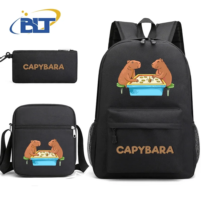 Cute capybara cartoon animal print student backpack set black backpack shoulder bag pencil case 3-Piece Set for boys and girls