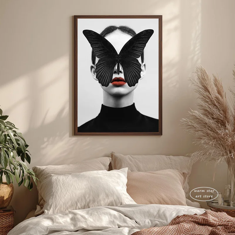 Woman Smoking A Cigar Black Lips and Veil Butterfly Fashion Poster Canvas Painting Print Wall Art for Living Room Home Decor