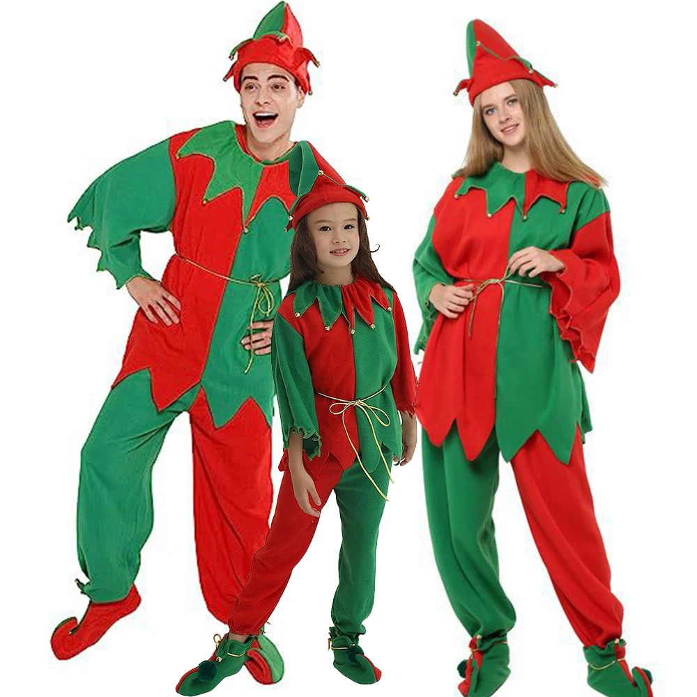 Adult Women Green Elf Halloween Cosplay Costume Men Christmas Costumes Xmas Outfits Set Kid Family Christmas Santa Claus Costume