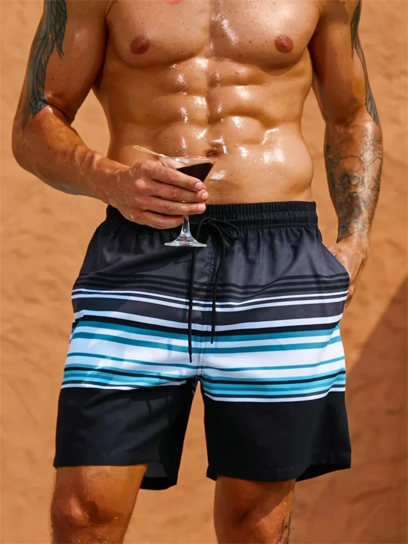 Simple Fashion Striped Pattern Beach Shorts For Men Summer Casual Daily Wear 3D Printed Short Pants Loose Breathable Swim Trunks