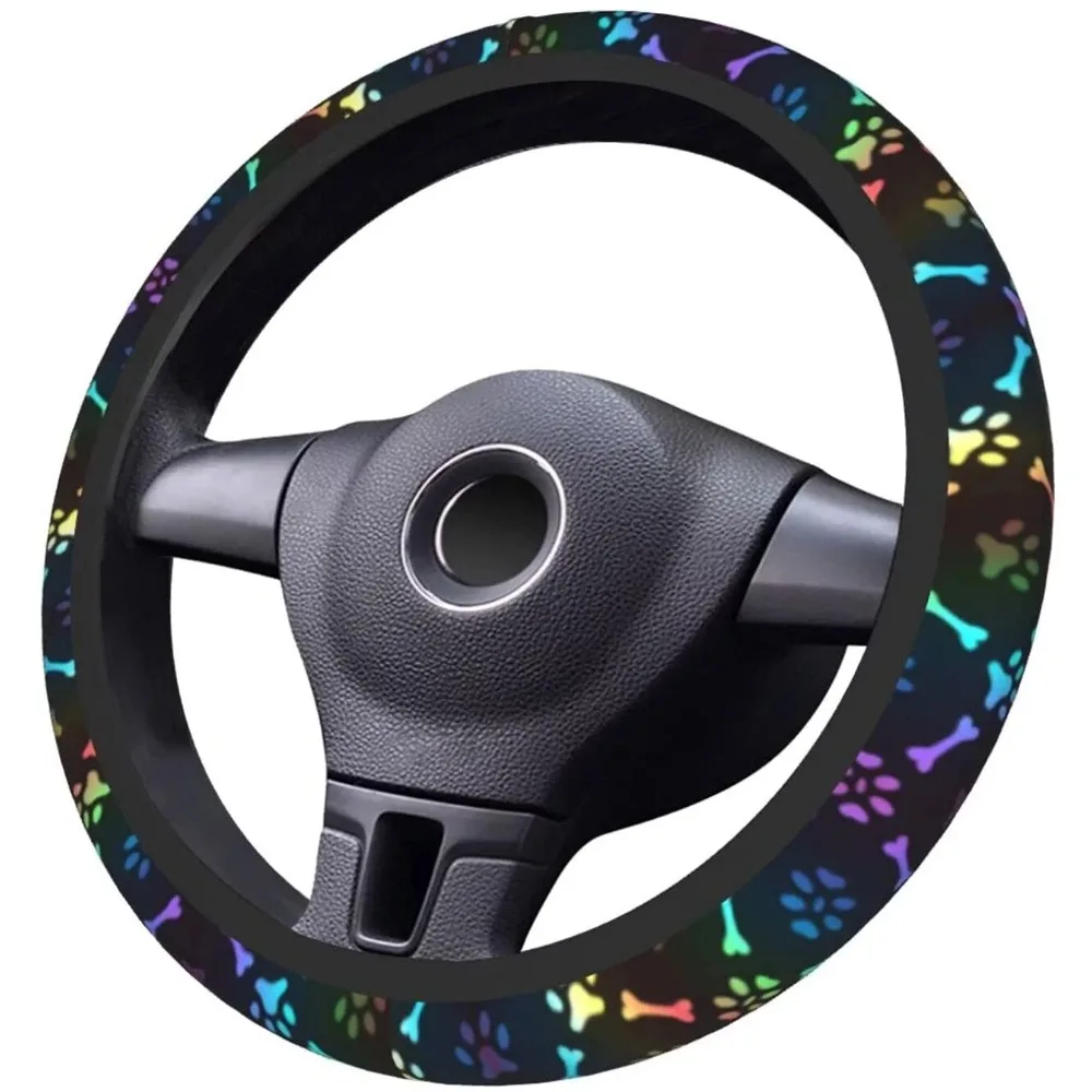Black Rainbow Dog Paw Print Steering Wheel Cover Colorful Cute Bones Stearing Wheeler Covers Car Interior Accessories 15 Inch