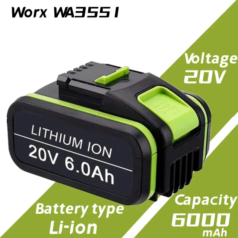 1-3Pack 20V 6.0Ah/6000mAh Lithium ion Battery Replacement for Worx WA3551 WA3551.1 WA3553 WA3553.2 WA3641 Battery+Charger