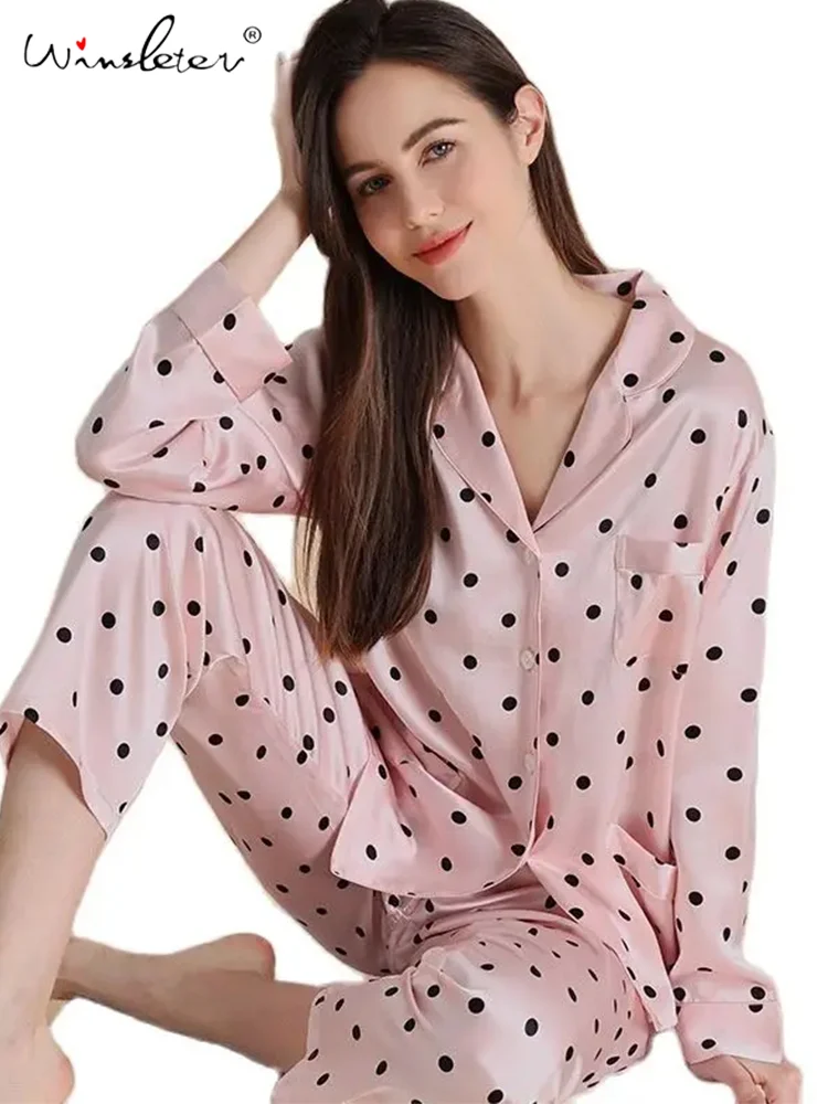 

Women Sleepwear Sweet Pink Polka Dot,19 Momme 100%Genuine Silk Pajamas Sets,Women Pyjamas,2024 Spring Autumn New,S38013QM