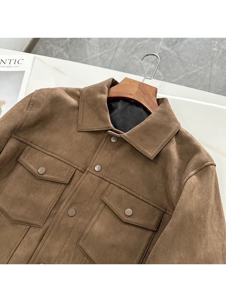 Men's Retro Classic Suede Jacket Autumn Casual Multi-Pocket Coat Heavyweight Fashion Commute Long Sleeve Button Closure
