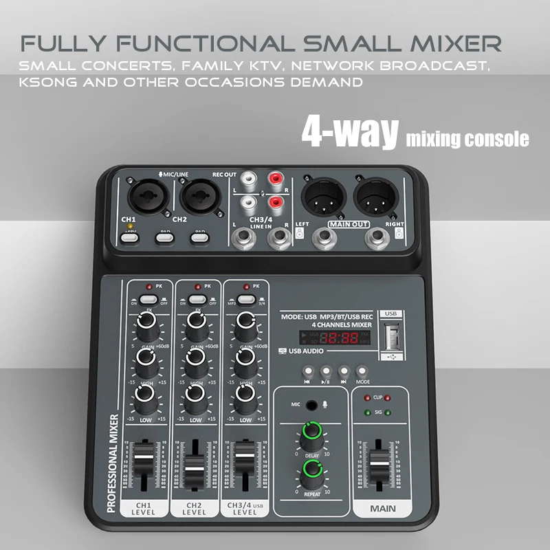 Audio Mixer 4 kanaals Dj Mixing Console Met Bluetooth 48 V Fantoomvoeding Monitor Karaoke Systeem Usb Mixer Audio