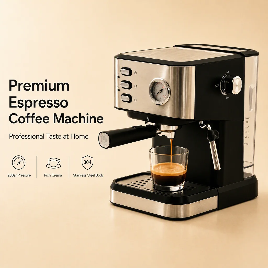 Stainless Steel Semi Automatic Espresso Maker 20Bar Home Coffee Machine With Hot Water System Temperature Display Function
