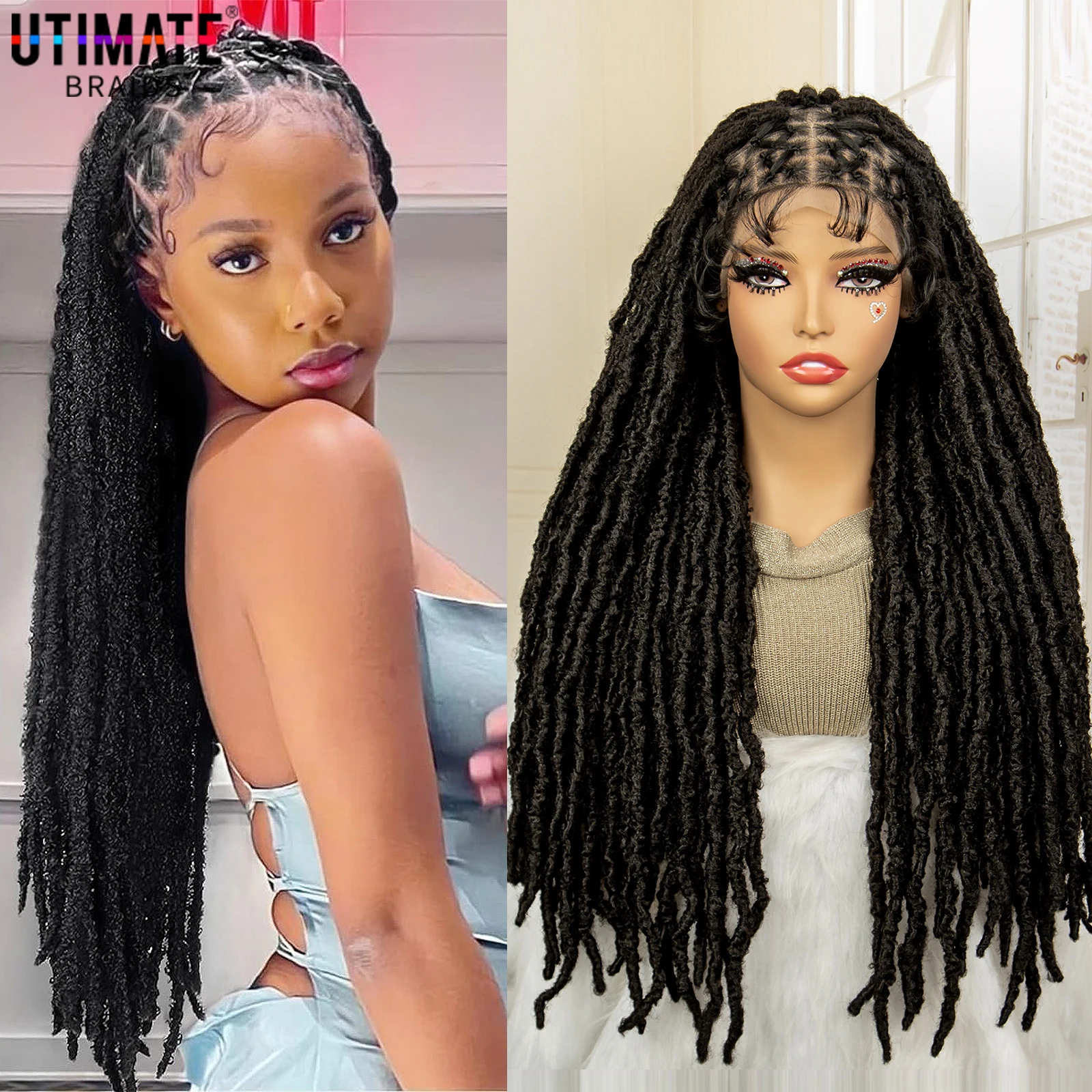 Peruca de tranças sintéticas Faux Locs Cornrow para mulheres negras, Full Double Lace, perucas trançadas Knotless Locs, cabelo de bebê, 28 polegadas