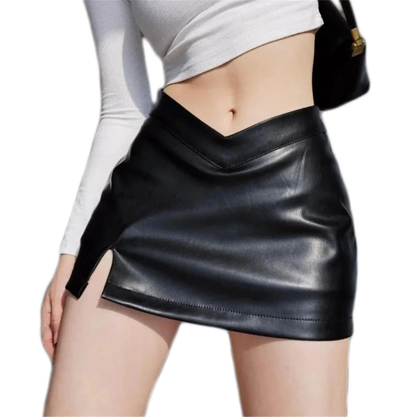 

Spring Autumn PU Leather Skirt Women's Bodycon Skirt Slit Design Casual Sle mid Waist PVC Material Ciwalk Skirt