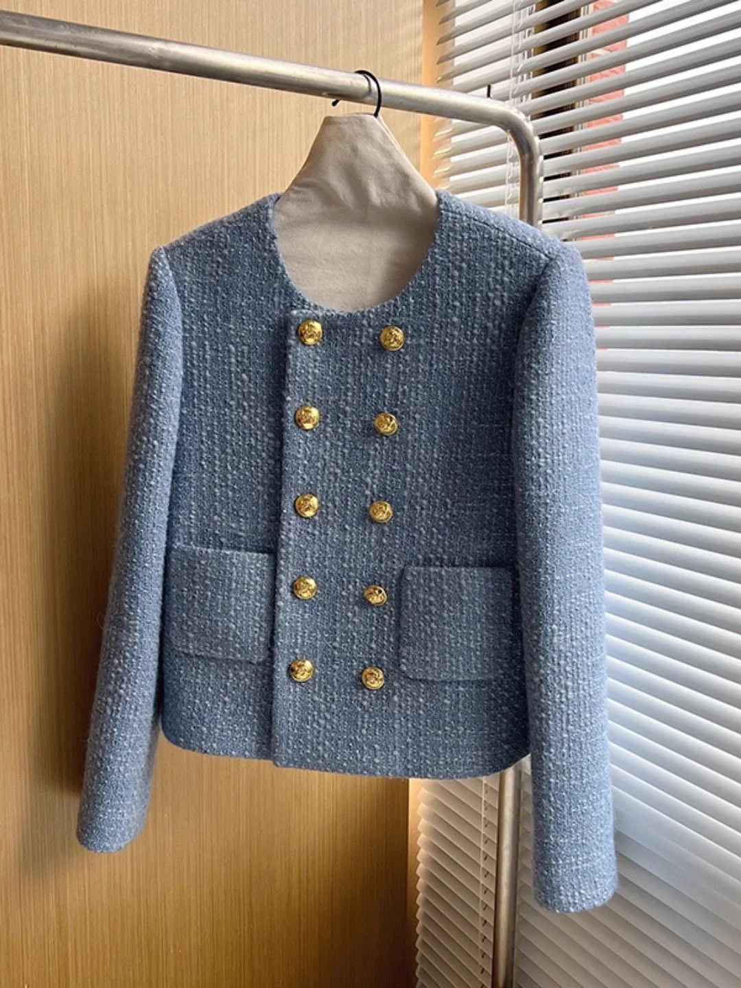 Elegant Short Double-Breasted Woolen Coat French Style round Neck Sweater for Women Straight Cut Long Sleeve Pure Color Autum...
