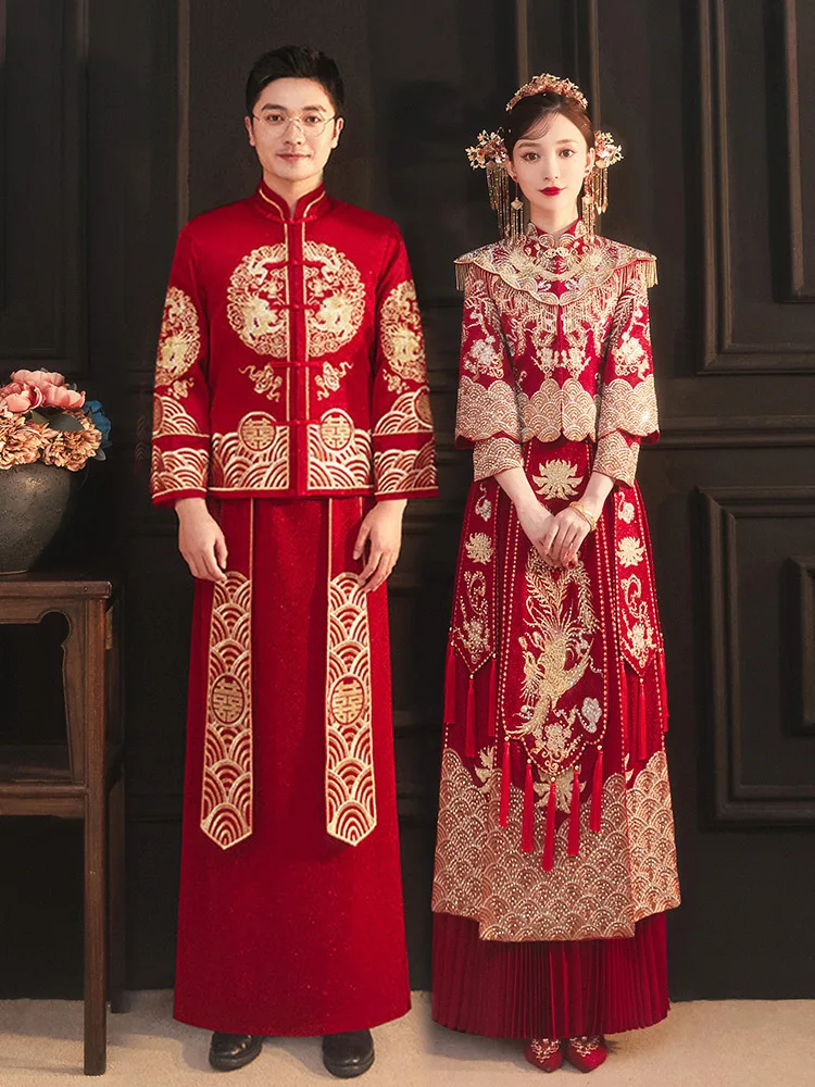 2022 Bride Red Embroidery Qipao Wedding Dress Retro Chinese Style Cheongsam Toast Clothing Size S-2XL