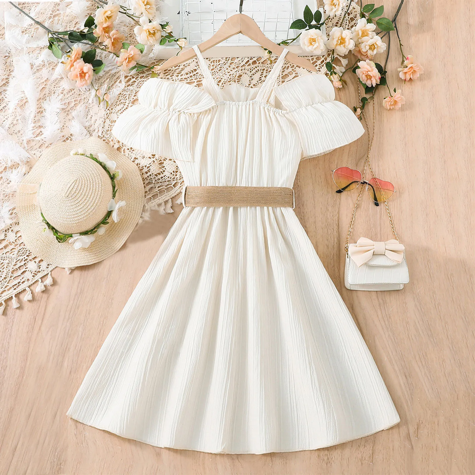 Elegant Children Swing Dress Kids Girls Solid Color Ruffles Evening Formal Party Princess Dress Girls Gown Sundress Vestidos