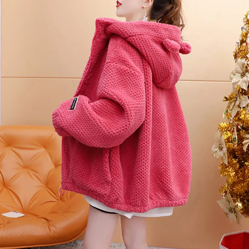 2025 شتاء جديد مقنعين البلوز النساء الملابس الدافئة لينة لطيف آذان الدب أفخم الملابس Kawaii زمم الصوف هوديس