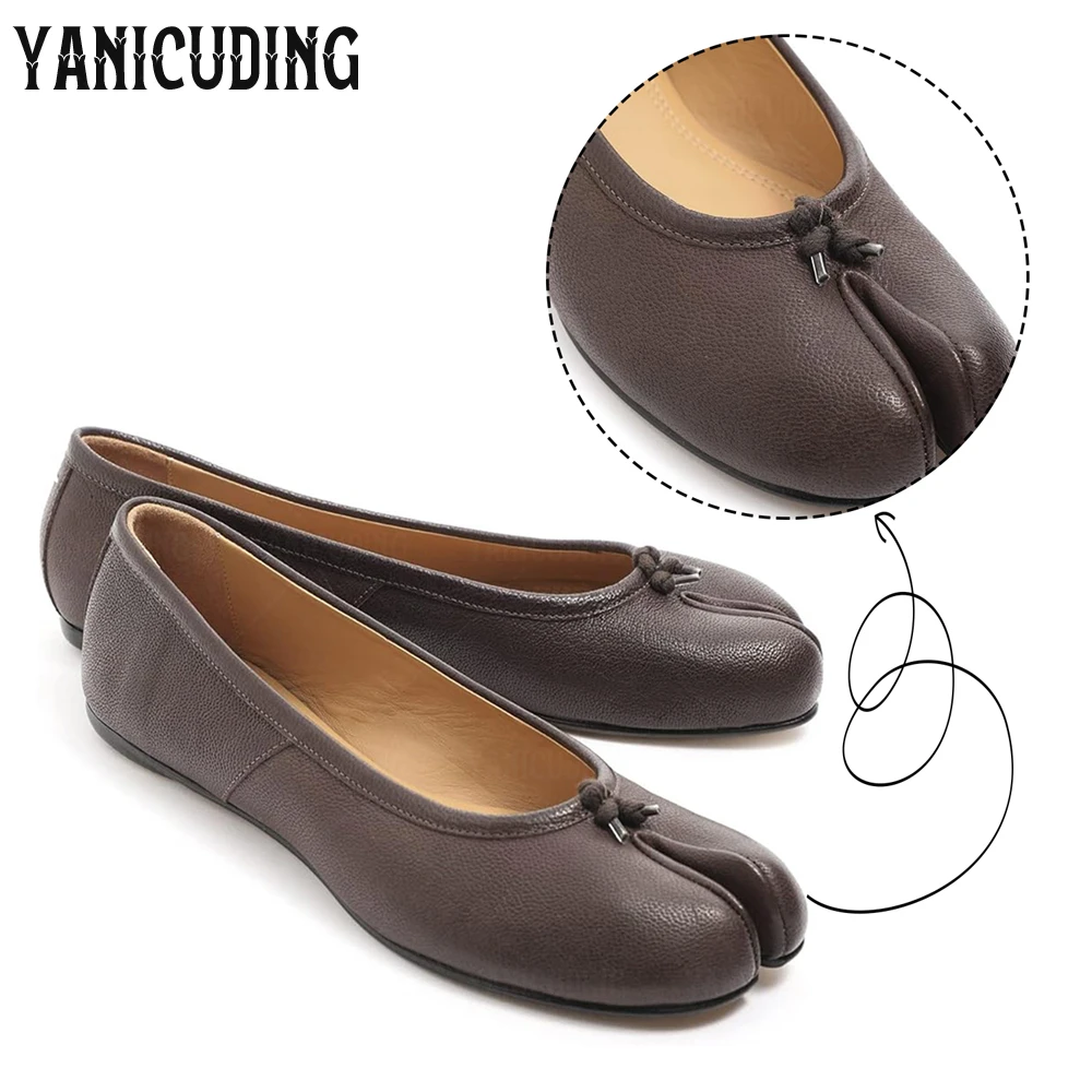 

Dark Brown Leather Tabi Flats Bow Comfortable Slip on Shoes Novel Style Designer Handmade Spite Toe Mary Jane Shoes for Women