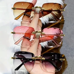 3PCS Square Rimless Sunglasses Women Luxury Brand Designer Summer Red Glasses Fashion Sun glasses For Men UV400 Shades Oculos